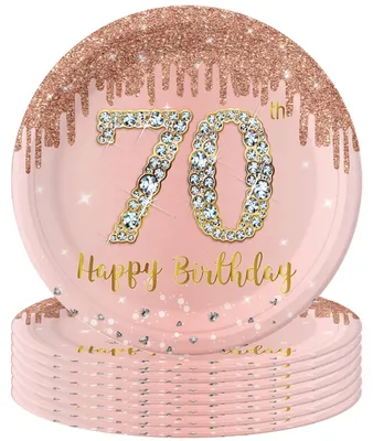 Produktbild von 16-teiliges Pappteller-Set zum 70. Geburtstag in Roségold und Rosa, 22,9 cm Durchmesser