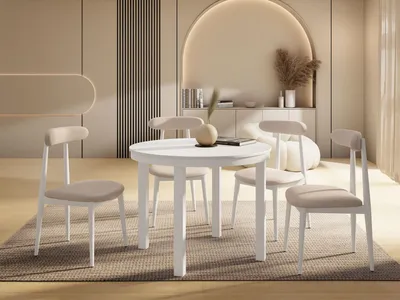 Produktbild von Runder Ausziehbarer Esstisch mit Weißem Metallgestell – Tisch mit Weißen Metallbeinen im Loft-Stil – Platzsparender Tisch für Wohnzimmer, Esszimmer oder Küche – Weiß – 100 bis 180 cm