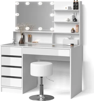 Produktbild von Schminktisch Livinity Imola Weiß mit LED Beleuchtung, Hocker und Spiegelregal, Model 52433