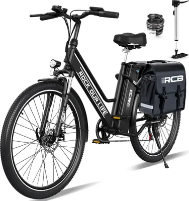 A black electric bicycle with accessories is displayed against a white background.