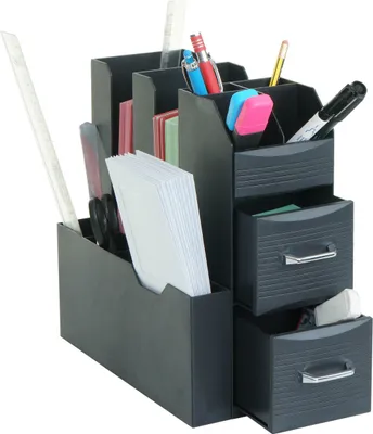 A black desk organizer filled with office supplies.