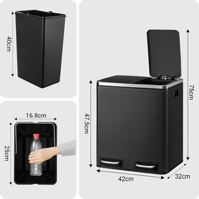 Produktbild von Küchen-Mülleimer - Doppelfach-Pedaleimer - 2x15 l - Edelstahl - Soft-Close, Deckel mit Offenhaltefunktion - Herausnehmbare Inneneimer - Schwarz