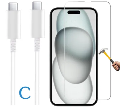 Produktbild von ino 2in1 Set Schutzglas + USB-Kabel kompatibel mit iPhone 15 Plus Panzerglas panzerfolie Displayschutzglas Display Schutz Harte Schutzfolie Glas mit Lade- und Datenkabel