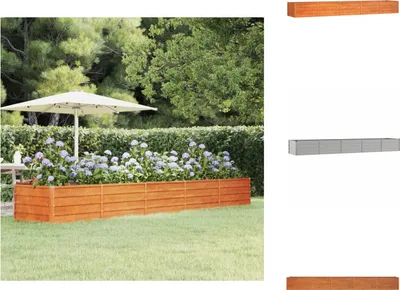 A long wooden planter box filled with blue hydrangeas in a garden setting, with an umbrella and trees in the background. Smaller images of planter boxes in different colors are shown on the right.