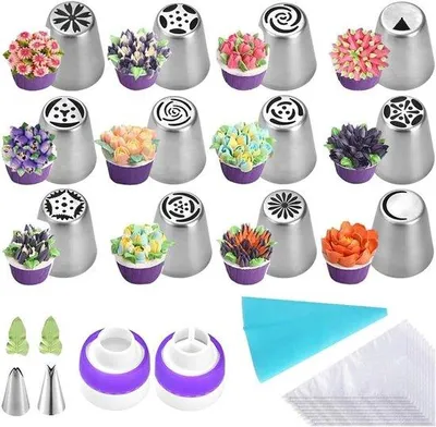 Produktbild von Bäckerei-Set mit 10 Spritzbeuteln und 14 Edelstahl-Spritzbeutel - Für Cupcakes, Torte, Kuchen, Kekse, Eclairs