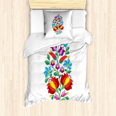 Produktbild von ABAKUHAUS Ungarn Bettbezug Set, Traditional Folk Kalocsa Muster Tulip Blumen Osteuropäische Motiv Retro Druck, 135 x 200 cm + 80 x 80 cm, Mehrfarbig