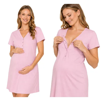 Produktbild von Stillnachthemd mit Knöpfen Nachtkleid Geburtskleid Umstandskleidung kurzarm Schlafshirt mit Knopfleiste Stillkleid Rosa L