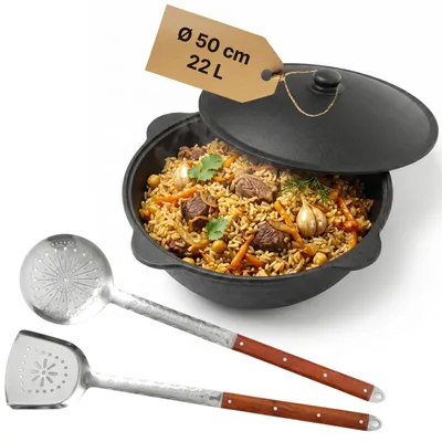Produktbild von Kazan Gusseisen 22 L Schaumkelle Pfannenwender Kasan Uzbekisch Aluminiumdeckel Cast Iron Kessel Asia WOK Topf Grillwok Gusstopf Wokpfanne