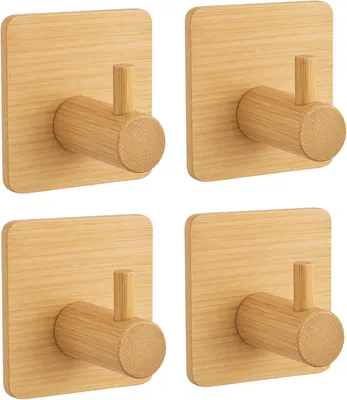 Image de Crochets adhésifs muraux en bambou, lot de 4, sans perçage, pour cuisine et salle de bain