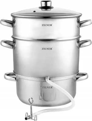 A multi-level stainless steel steamer with a hose attached.
