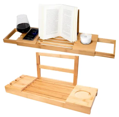 Produktbild von Badewannenablage DAFNE aus Bambus, verstellbar 50-85 cm, mit Buch-/Tablet- & Handyablage