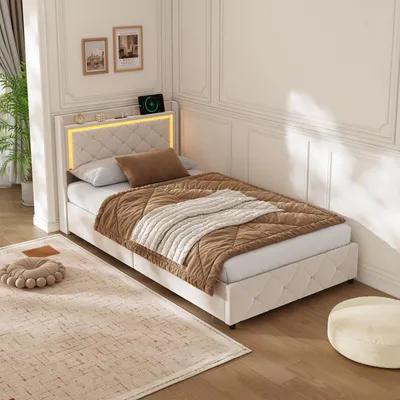 Produktbild von Einzelbett - 90 x 200 cm - Samtbezug - Kopfteil mit Stauraum - Hydraulischer Stauraum - Lattenrost - Beige