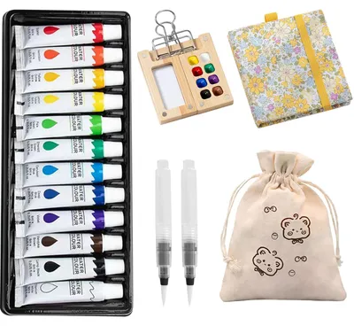 Productafbeelding van Aquarelreissets - 12 kleuren met een palet met 8 vakken, schetsboek en een waterpenselpenseel