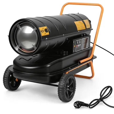 Image de Ikodm : Chauffage diesel de 30 kW, chauffage de chantier, soufflant de chauffage, chauffage pour grandes surfaces, thermostat, réservoir de 38 litres, équipé de roulettes
