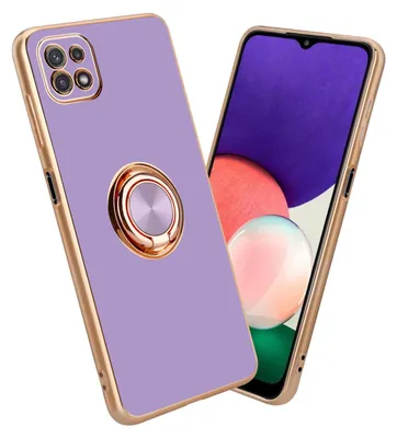 A purple phone case with a gold ring is shown next to a smartphone.