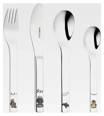 Produktbild von Kinderbesteck-Set, 4-teilig – Edelstahl Kinderlöffel, Kindergabel, Kindermesser, Kinderkaffeelöffel – Inspiriert von Anouk Kinderbüchern – Ideal als Geschenk