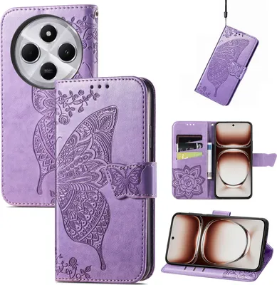 Produktbild von Für Xiaomi Redmi 14C Kunstleder Wallet Handy Tasche Schmetterling Design Hülle Etuis Hell-Lila
