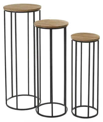 Produktbild von Set mit 3 Beistelltischen aus Holz und Metall in Natur und Schwarz