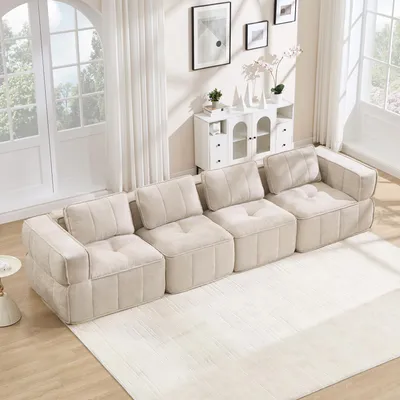 Obrázok produktu pre Modulárna sedačka "Cloud" pre 4 osoby, béžová, sedačka bez rámu, vyrobená z polyesteru, rozmer 344x93x67 cm, výplň: 32D pena, protišmyková, bez potreby montáže