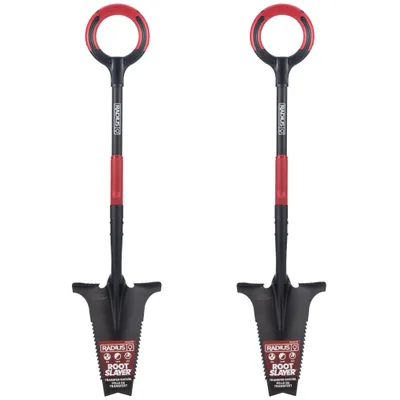 Produktbild von Root Slayer Pro Wurzelspaten 2.0 mit Stiel 2er Pack, ergonomisch & robust, Spaten & Schaufel mit Schneidspitze & Wurzelsäge, rot