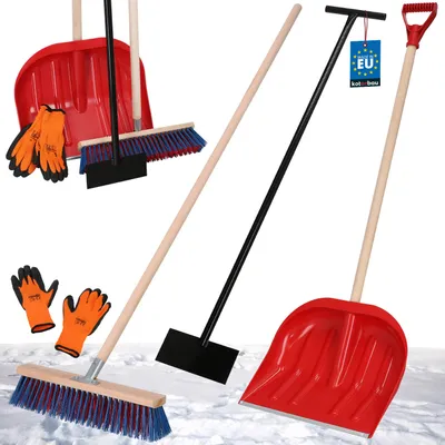Produktbild von KOTARBAU® Set Schneeschaufel mit Holzstiel 134,5 cm Straßenbesen mit Stiel 43 cm Eisschaber 119 x 20 cm + Handschuhe Schneeschieber Schneeräumer Schneeschaufel Holz Stiel zur Schneeräumung