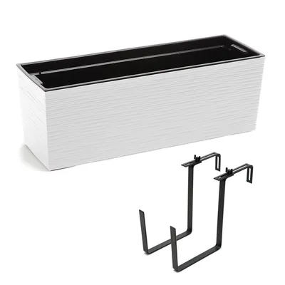 Produktbild von Balkonkasten Pflanzkasten Blumenkasten Wasserspeicher Meißel Weiss Kunststoff Geländerkasten flexible Metallhalterung pulverbeschichtet 56 x 18,5 x 19,5 cm
