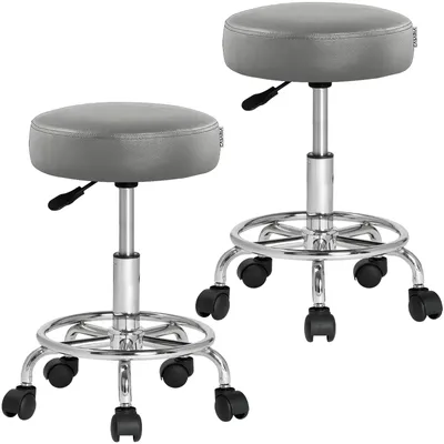 Produktbild von CASARIA® Rollhocker 2er Set Höhenverstellbar 10cm Polsterung 51-65cm Sitzhöhe 360° Drehbar Ø35cm Fußstütze Rund Hocker Drehhocker Arbeitshocker Grau