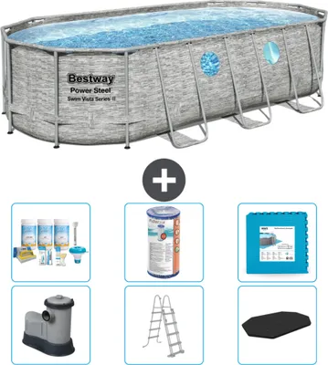 Produktbild von Bestway Oval Power Steel Swim Vista Swimmingpool – Steindruck – 549 x 274 x 122 – inklusive Pumpe – Leiter – Abdeckung Wartungspaket - Filter - Bodenfliesen