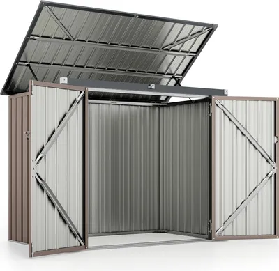 Zdjęcie produktu dla COSTWAY Pojemnik na 2 kosze na śmieci, 172x95.5x130cm pojemnik na śmieci z 2 drzwiami i pokrywą na zawiasach, metalowy pojemnik na śmieci, zamykany pojemnik na śmieci, brązowy