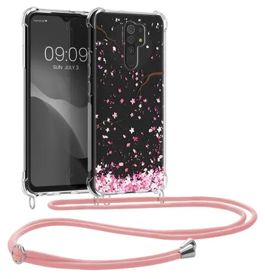 Produktbild von kwmobile Necklace Case kompatibel mit Xiaomi Redmi 9 Hülle - Silikon Cover mit Handykette - Rosa Dunkelbraun Transparent Kirschblütenblätter