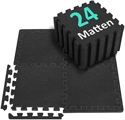 Produktbild von Bodenschutzmatte Fitness Set [31x31cm] - 24 Puzzlematte - EVA Sportmatte Fitnessmatte Rutschfest, Bodenmatte für Fitnessraum&Fitnessgerät, Fallschutzmatten Outdoor&Pool Unterlegmatte, Schwarz