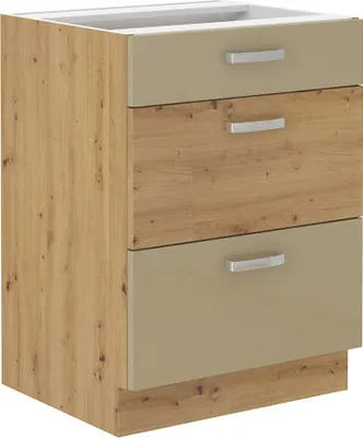 Produktbild von Küchen Unterschrank 60 Eiche Artisan Cappuccino Hochglanz Vollauszug Soft-Close