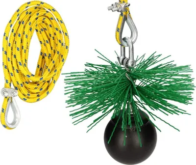 A yellow rope with a metal loop and a black ball with green bristles attached to a metal hook.