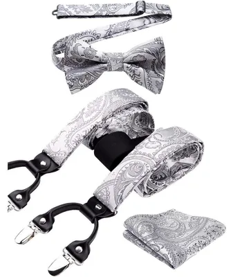 Produktbild von Hosenträger Set Herren 3,5 cm mit 6 Clips Y-Form Elastisch Längenverstellbar Silber Grau Paisley