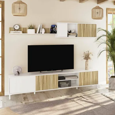 Image de Ailano - Meuble TV, 200x40x47h cm Blanc, 6 Étagères