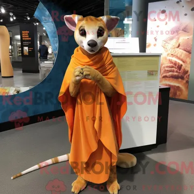 Produktbild von Maskottchenfigur REDBROKOLY eines orangefarbenen Thylacosmilus gekleidet in ein Wickelkleid und Schals