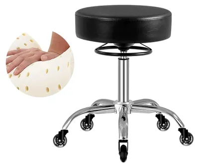 Produktbild von Höhenverstellbarer Rollhocker mit Rollen - 50-62 cm, bis 180 kg belastbar, 360° Drehhocker für Salon und Spa, aus Leder (Schwarz)