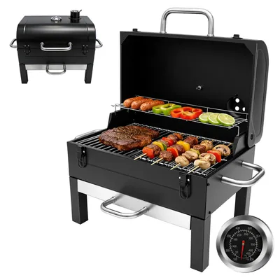 Produktbild von Sunjas Holzkohlegrill Portable, Tischgrill Campinggrill mit Deckel & Smoker, Tragbarer BBQ Grill für Camping Garten Picknick Party Barbecue