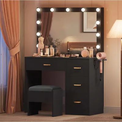 Produktbild von Schminktisch mit LED-Beleuchtung, Frisiertisch Kosmetiktisch, mit 6 Schubladen, mit 1 Hocker, mit Steckdose, Schwarz