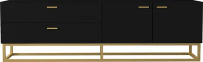 Produktbild von TV Lowboard Theodora Schwarz, TV-Tisch mit Metallfüßen Gold, TV-Schrank 2 Schubladen und 2-Türig, Wohnwand Holzoptik, 160x48,1x36,8 cm, 9772