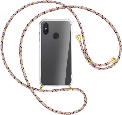 Produktbild von Handykette Backcover-Schutzhülle mit Band (Metall goldfarben) für Xiaomi Mi 8 / Mi 8 Pro - rosa Karo