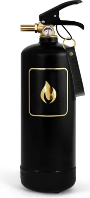 A black and gold fire extinguisher with a flame logo.