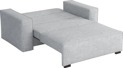 A light gray sofa bed is shown in its extended state, appearing to be a bed.