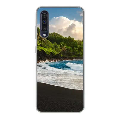 Produktbild von MuchoWow® Handyhülle Schutzhülle Hülle für Samsung Galaxy A30s Ein schwarzer Sandstrand auf Hawaii Silikon Softcase Handy Hülle - Karteninhaber