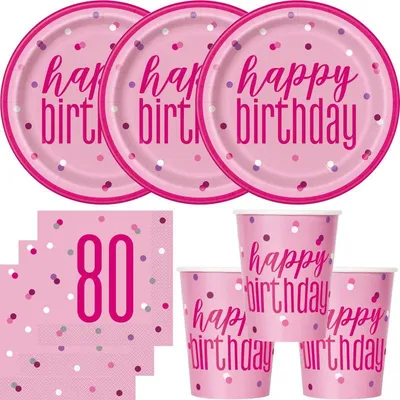 Produktbild von 80. Geburtstag Partyset Einweggeschirr rosa pink 48 tlg. Partygeschirr Teller Becher Servietten