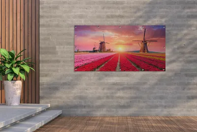 Obrázek produktu pro MuchoWow® Zahradní plakáty - Květiny - Větrný mlýn - Tulipány - Západ slunce - Růžová - 80x160 cm - Zahradní dekorace