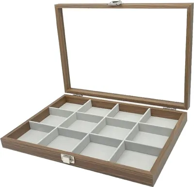 Produktbild von Holz Schmucklade 12 Fächer für Schmuck Ringe Ohrringe Halsketten Armbänder Schmuckkoffer Schmuckkasten Schmuckbox Aufbewahrung Schmuckdisplay Deckel aus Echtglas Schmuckschatulle