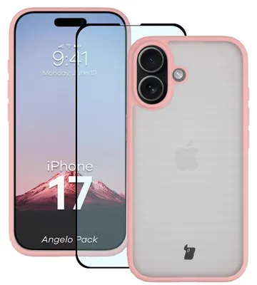 Produktbild von Schutzhülle + gehärtetem Glas für iPhone 17, Bizon Angelo Pack, Semitransparent mit hellrosem Rahmen