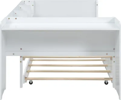 Image de okwish Lit classique 90x200 cm avec lit gigogne, lit plateforme en bois de pin avec bureau et étagères – blanc