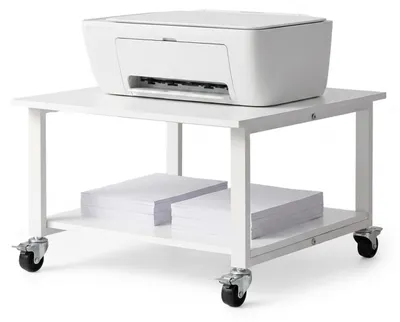 Productafbeelding van Relaxdays printertafel met wielen, 2 niveaus, hoogte x breedte x diepte: 32 x 50 x 50 cm, rollende tafel voor printers, kantoor, printerhouder, wit
